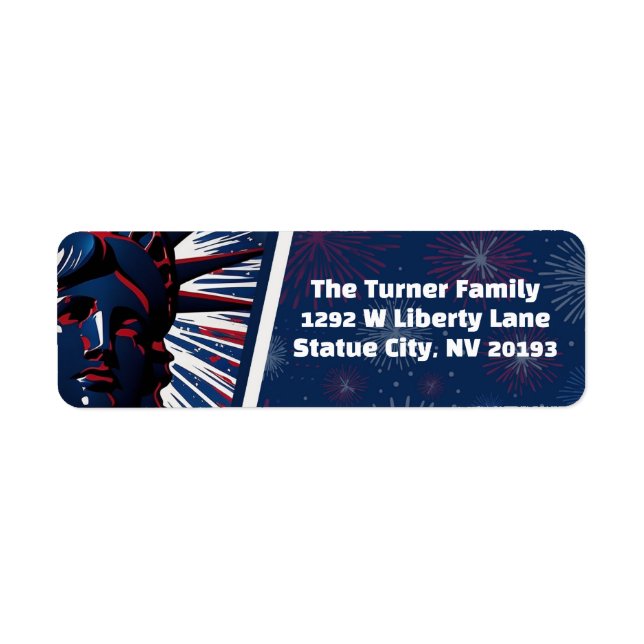 Patriotic Red Blue Frihetsgudinnan 4 juli Returadress Etikett (Framsidan)