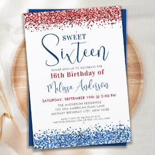 Patriotic Red Blue Glitter Sweet 16 Födelsedagsfes Inbjudningar