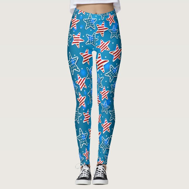 Patriotic Red Blue White American Flagga Star Leggings (Framsida)