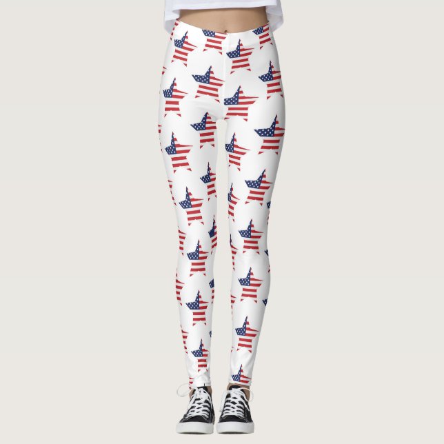 Patriotic Red Blue White American Flagga Star Leggings (Framsida)