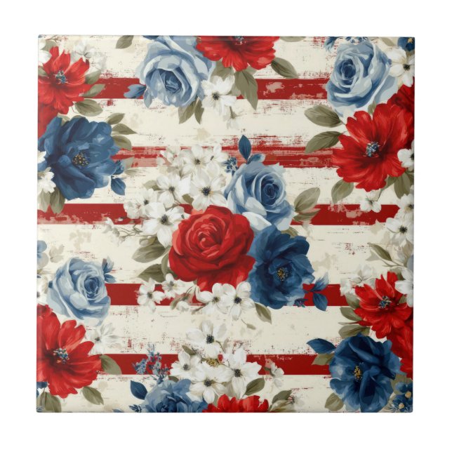 Patriotic Red Blue White Floral (2) Kakelplatta (Framsidan)