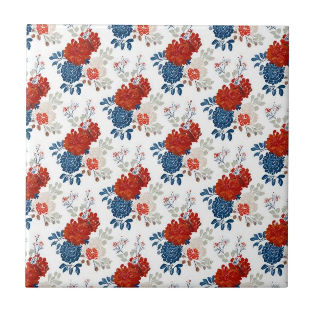 Patriotic Red Blue White Floral (4) Kakelplatta (Framsidan)