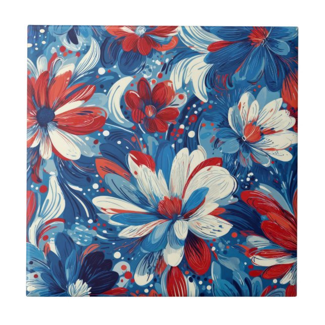 Patriotic Red Blue White Floral (8) Kakelplatta (Framsidan)