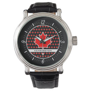 Patriotic Red Canadian Maple Löv med Black Text Armbandsur