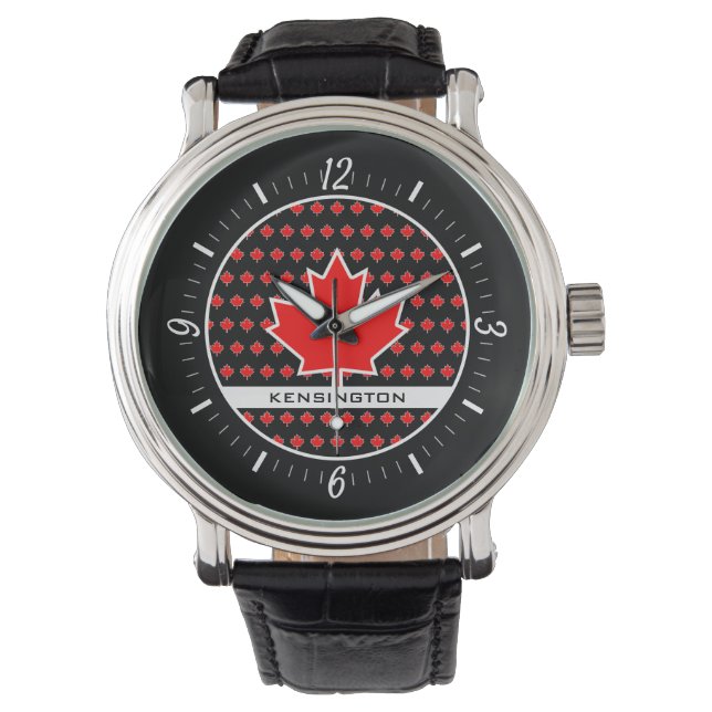 Patriotic Red Canadian Maple Löv med Black Text Armbandsur (Framsida)