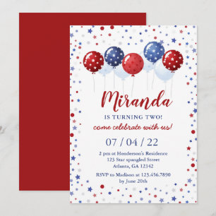 Patriotic Red och Blue Balloons 4 juli födelsedag Inbjudningar