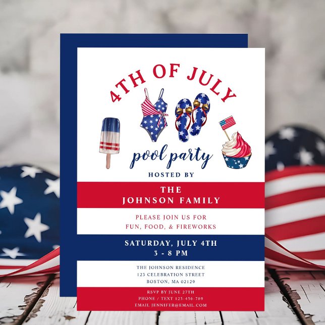 Patriotic Red White & Blue juli Bassäng Party 4:e Inbjudningar (Patriotic Red White & Blue July Pool Party 4th Of Invitation Card.)