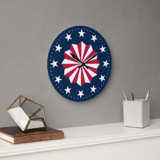 Patriotic Red White Blue Stars Stripes Rosette Stor Klocka