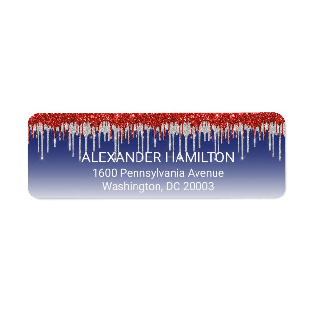 Patriotic Red White Glitter Drip Blue Returadress Etikett (Framsidan)