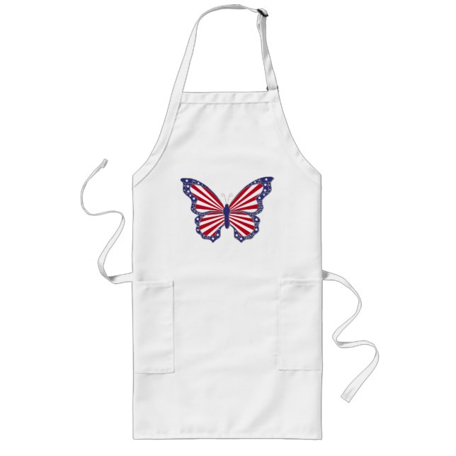 Patriotic Red White och Blue Butterfly Apron Långt Förkläde (Framsidan)
