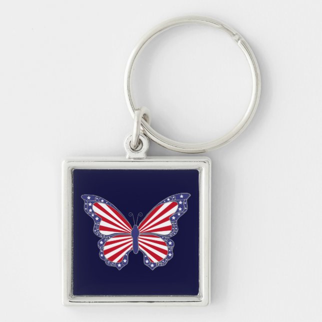 Patriotic Red White och Blue Butterfly Nyckelring (Framsidan)