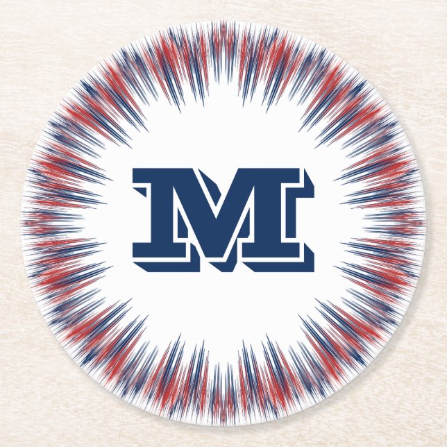 Patriotic Red White och Blue Fireworks Monogram Underlägg Papper Rund (Framsidan)