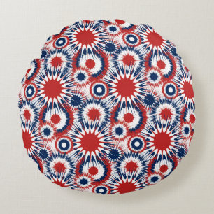 Patriotic Red White och Blue Fireworks Rund Kudde