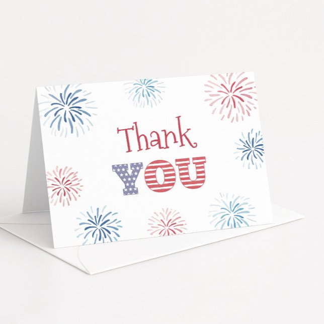 Patriotic Red White och Blue Juldagen Tack Kort (Red White and Blue fireworks thank you card design with USA flag detail)