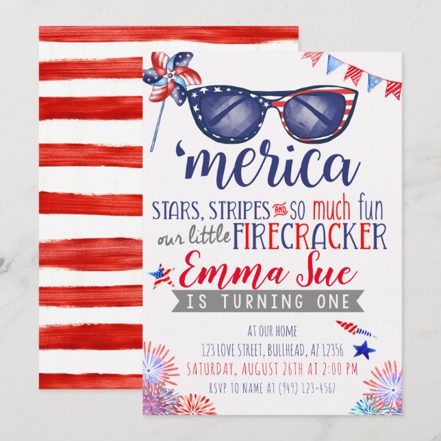Patriotic Red White och Blue Little Firecracker Inbjudningar (Fram/baksida)