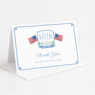 Patriotic Red White och Blue Monogram Bröllop Tack Kort