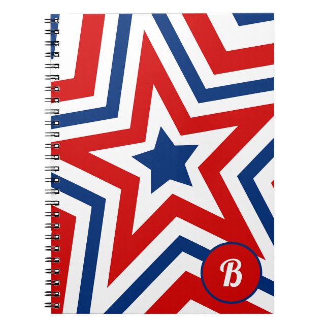 Patriotic Red White och Blue Stars Monogrammmed Anteckningsbok (Framsidan)