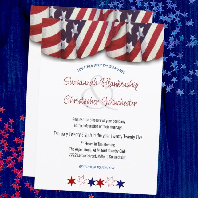 Patriotic Rött vitt blått Bunting and Stars Invat Inbjudningar (front and back patriotic bunting wedding invitation)