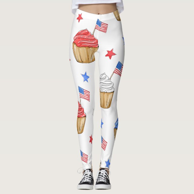 Patriotic Rött vitt blått Cupkaka Flagga Star Work Leggings (Framsida)