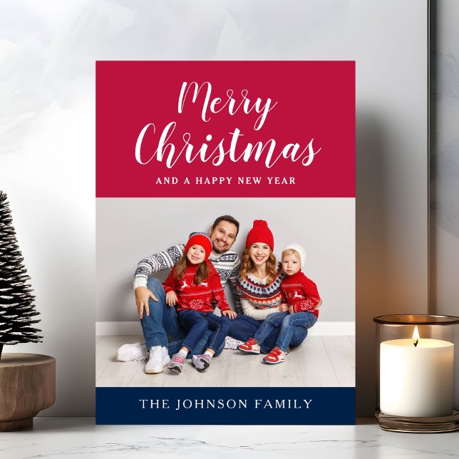 Patriotic Rött vitt blått God jul Photo Julkort (Patriotic Red White Blue Merry Christmas Photo Holiday Card)