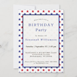 Patriotic Rött vitt blått Stars Birthday Inbjudningar