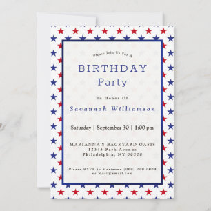 Patriotic Rött vitt blått Stars Birthday Inbjudningar