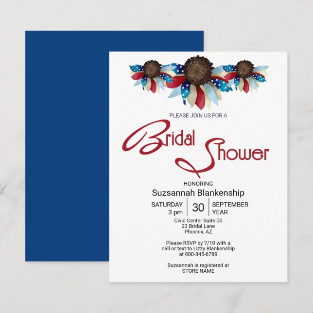Patriotic Rött vitt blått Top Gräns, halv Flowers Inbjudningar (Fram/baksida)