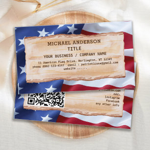 Patriotic Rustic Wood USA American Flagga QR Code Visitkort