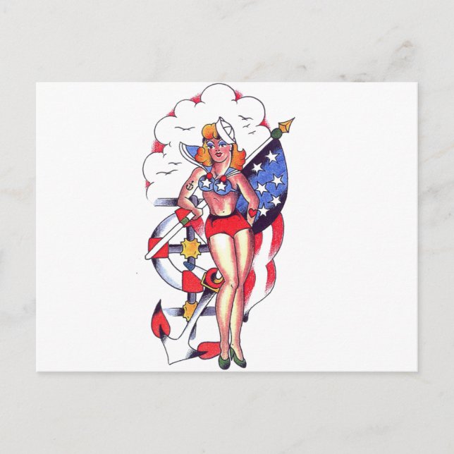 Patriotic Sailor Girl Tattoo Art Vykort (Framsida)