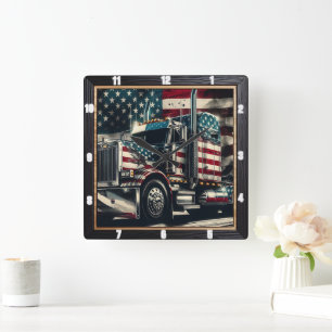 Patriotic Semi-Lastbil American Flagga Fyrkantig Klocka