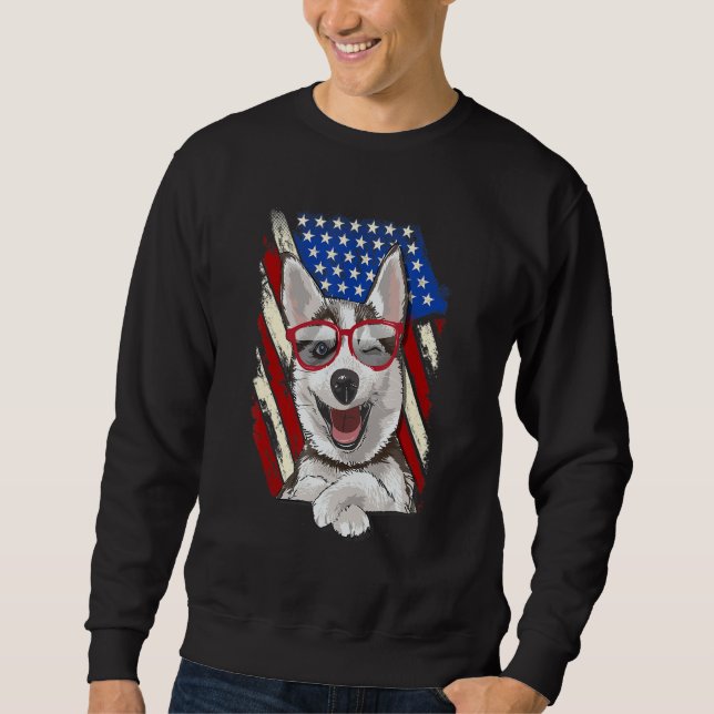 Patriotic Siberian Husky American Flag Dog Lång Ärmad Tröja (Framsida)