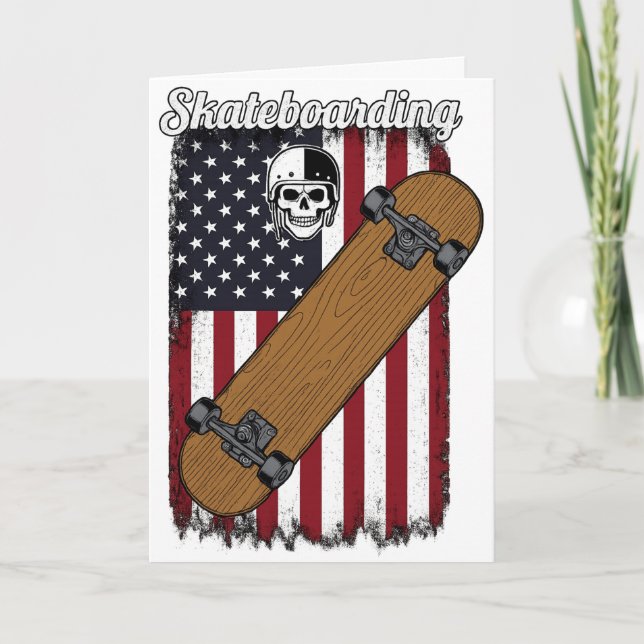 Patriotic Skateboarding USA Flag & Skull Sports  Kort (Framsida)