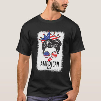 Patriotic Skull alla amerikanska flicka Messy Bun T Shirt