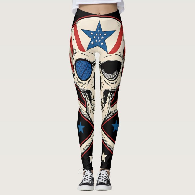 Patriotic Skull och Crossbone American Flagga Leggings (Framsida)