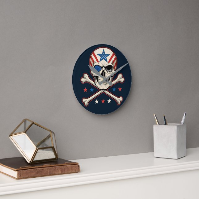 Patriotic Skull och Crossbone American Flagga Rund Klocka (Kontor)