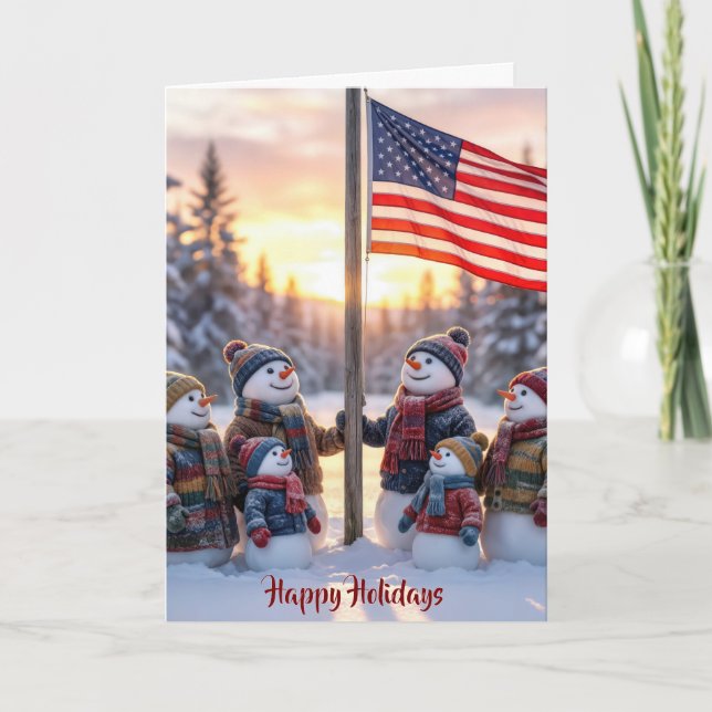 Patriotic Snowman Family With American Flag Kort (Framsida)