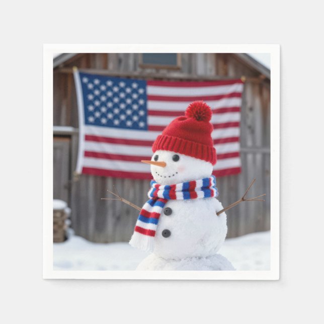 Patriotic Snowman With American Flag Pappersservett (Framsidan)