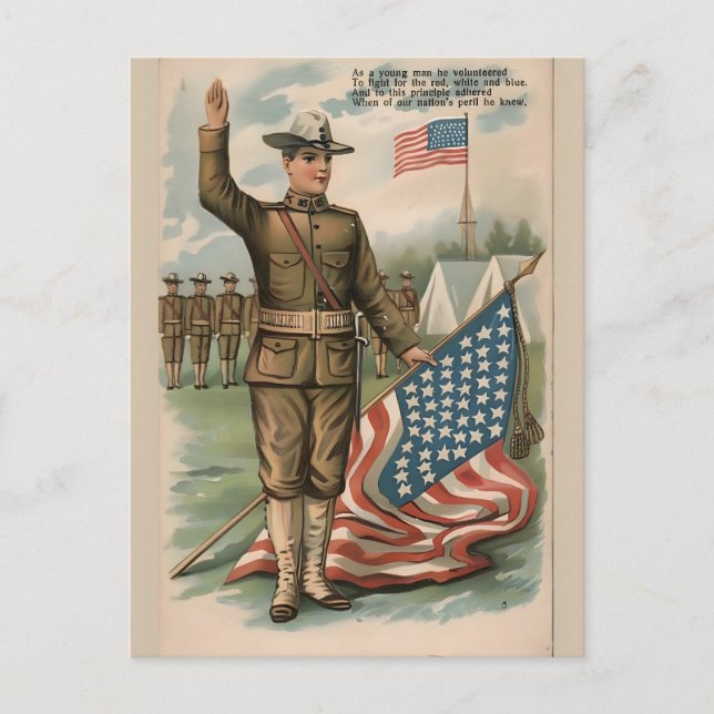Patriotic Soldier Holding US Flag Postcard Helg Vykort (Framsida)