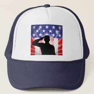 Patriotic Soldier Saluting American Flagga Hat Truckerkeps