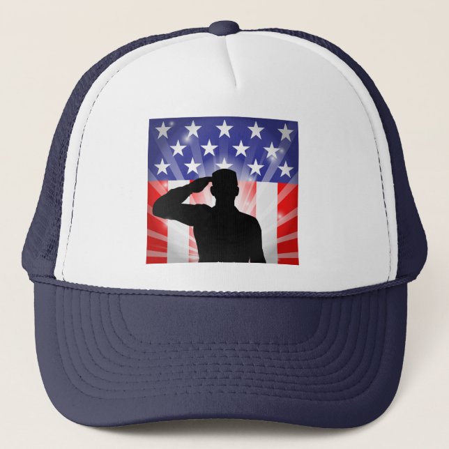 Patriotic Soldier Saluting American Flagga Hat Truckerkeps (Framsida)