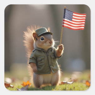 Patriotic Squirrel Fyrkantigt Klistermärke