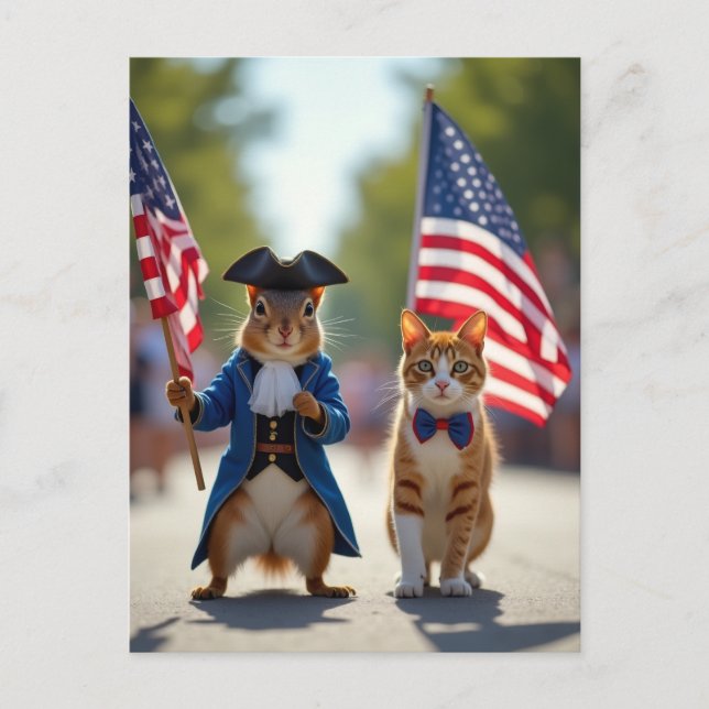 Patriotic Squirrel och Cat Helg Vykort (Framsida)