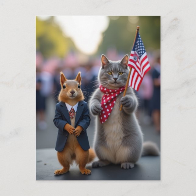 Patriotic Squirrel och Cat Helg Vykort (Framsida)