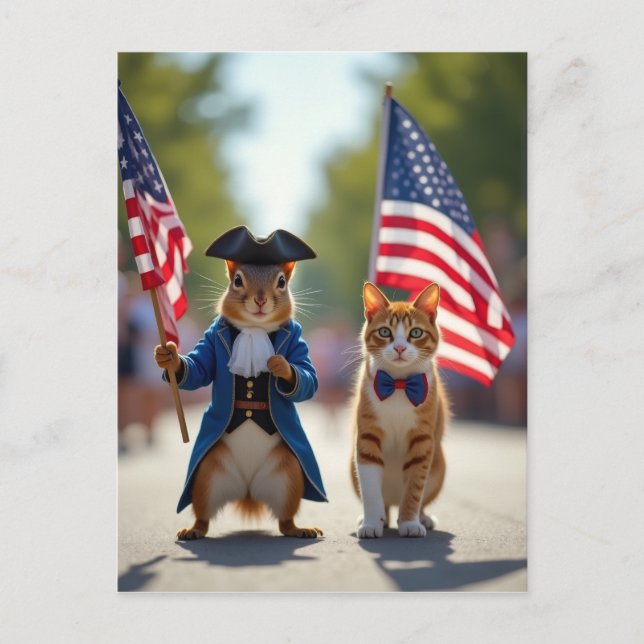 Patriotic Squirrel och Cat Vykort (Framsida)