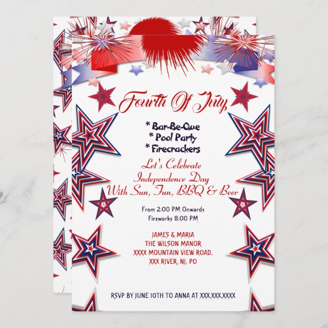 Patriotic Stars 4:e juli Fibrer BBQ Party I Inbjudningar (Fram/baksida)