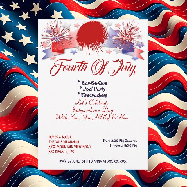 Patriotic Stars 4:e juli Fibrer BBQ Party Inbjudningar (Patriotic Stars 4th July Firecrackers BBQ Party Invitation)