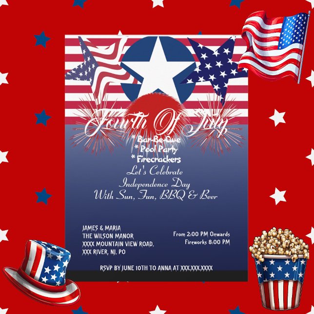 Patriotic Stars 4:e juli Fibrer BBQ Party Inbjudningar (Patriotic Stars 4th July Firecrackers BBQ Party Invitation)