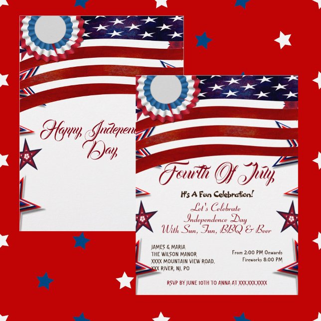 Patriotic Stars 4 juli Amerikanska Flagga BBQ Part Inbjudningar (Patriotic Stars 4th July American Flag BBQ Party Invitation)
