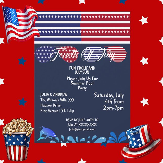 Patriotic Stars 4 juli Amerikanska Flagga Party Inbjudningar (Patriotic Stars 4th July American Flag Pool Party Invitation)