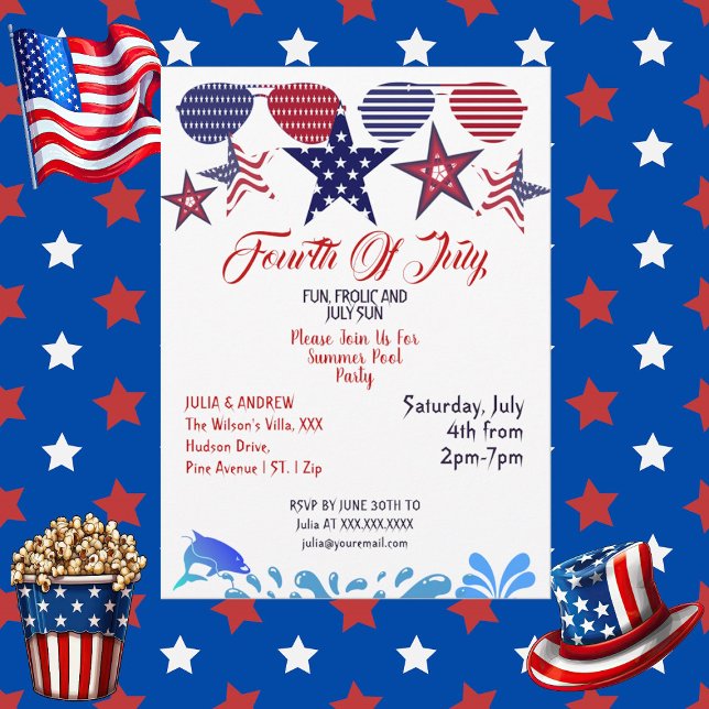Patriotic Stars 4 juli Sunglass Bassäng Party Inbjudningar (Patriotic Stars 4th July Sunglasses Pool Party Invitation)